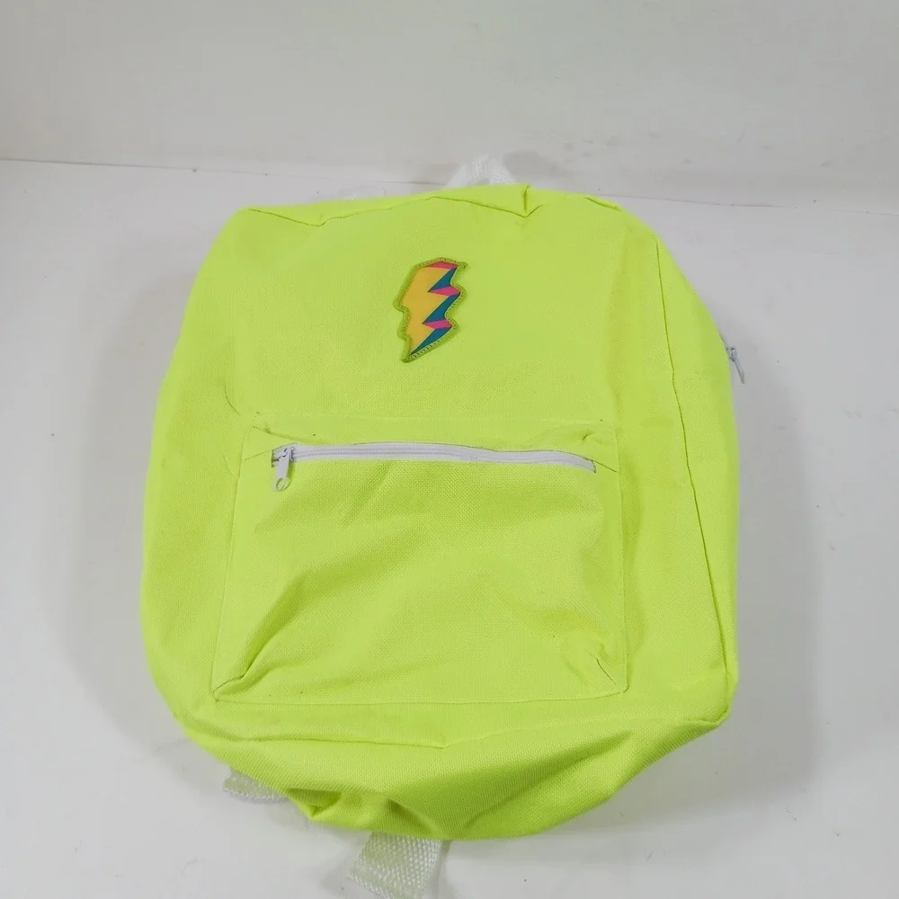 Neon Yellow Canvas Backpack with Lightning Bolt Patch and White Straps